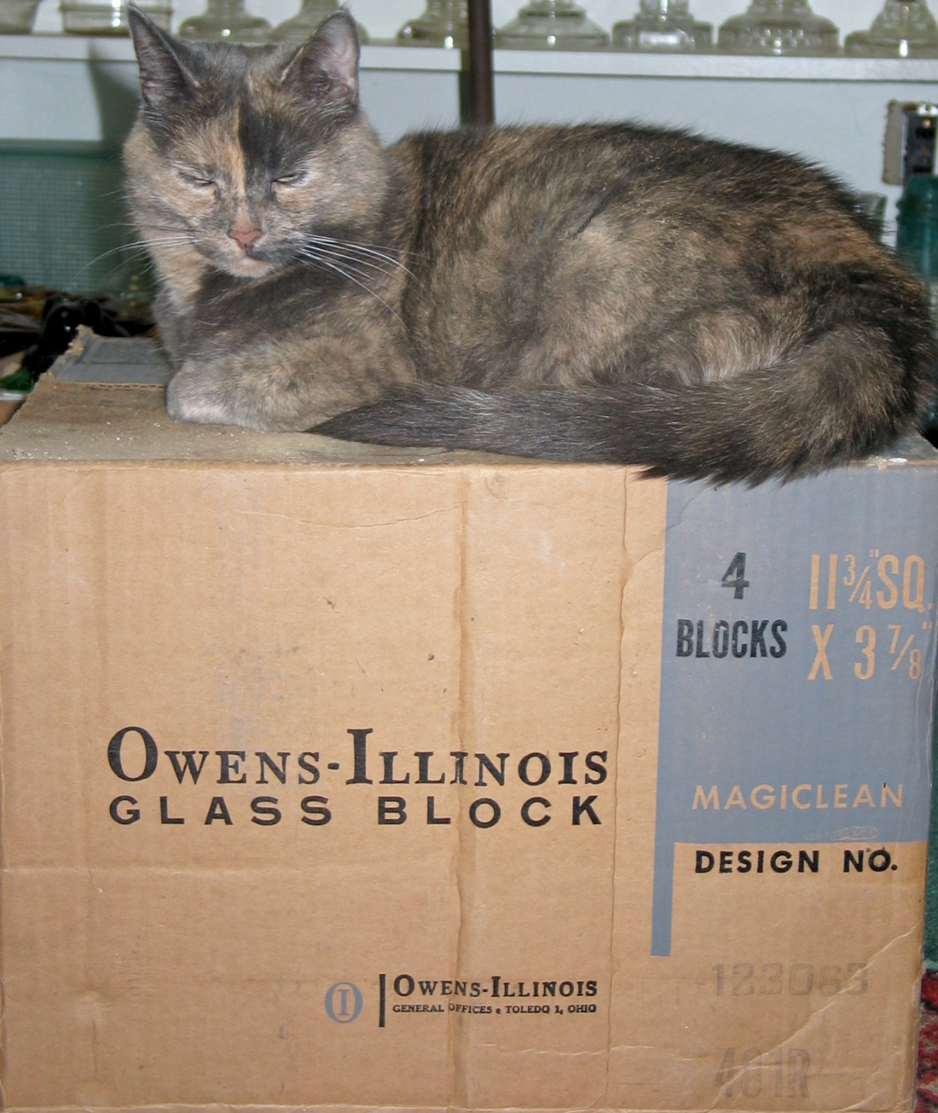 Hemingray on a box of Hemingay Glass blocks - Gray